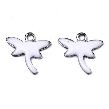 201 Stainless Steel Enamel Charms, Dragonfly, Stainless Steel Color, White, 11.5x12x1.5mm, Hole: 1.2mm