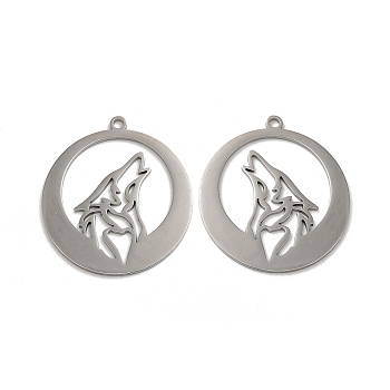 304 Stainless Steel Pendants, Flat Round with Wolf Charm, Stainless Steel Color, 37x34x1.5mm, Hole: 2mm