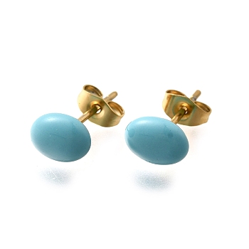 304 Stainless Steel Stud Earrings, Bean, Real 18K Gold Plated, Blue, 8x6mm