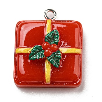 Opaque Resin Pendants, Christmas Charms with Platinum Plated Iron Loops, Box, 24x20x10mm, Hole: 2mm