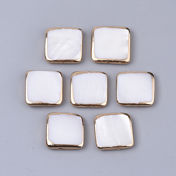 Edge Golden Plated Natural Freshwater Shell Beads, Square, Seashell Color, 14~15x14.5x3mm, Hole: 0.8mm