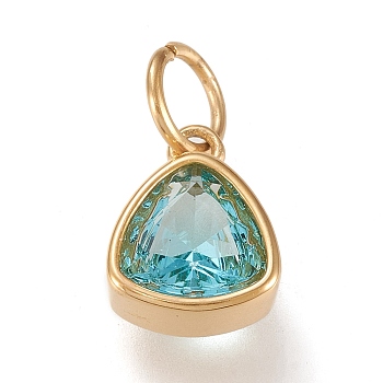 Vacuum Plating 304 Stainless Steel Cubic Zirconia Pendant, Triangle, Golden, Dark Turquoise, 12.5x9.5x5mm, Hole: 5mm