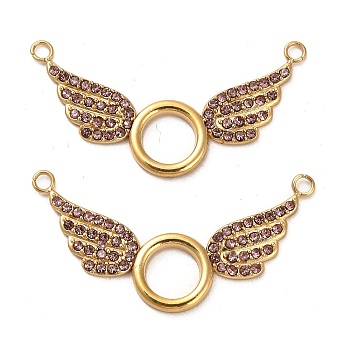 304 Stainless Steel Pave Rose Rhinestone Connector Charms, Ring with Wings Links, Real 14K Gold Plated, 18x36.5x1.5mm, Hole: 1.8mm