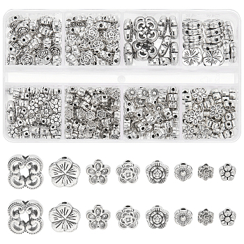 Elite 280Pcs 8 Style Tibetan Style Alloy Beads, Flower, Antique Silver, 4.5~10x3~4mm, Hole: 1~1.5mm