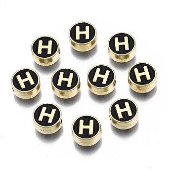 Alloy Enamel Beads, Cadmium Free & Lead Free, Light Gold, Flat Round with Alphabet, Black, Letter.H, 8x4mm, Hole: 1.5mm