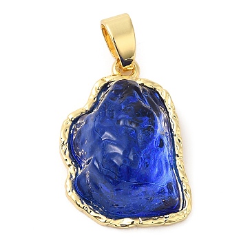 Rack Plating Brass Pendants, Iceberg Melting Shaped Glass Charms, Long-Lasting Plated, Cadmium Free & Lead Free, Real 18K Gold Plated, Blue, 22.5x15.5x9mm, Hole: 6x3mm
