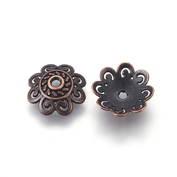 Tibetan Style Bead Caps, Cadmium Free & Nickel Free & Lead Free, Flower, Red Copper, 13.5x3mm, Hole: 2mm