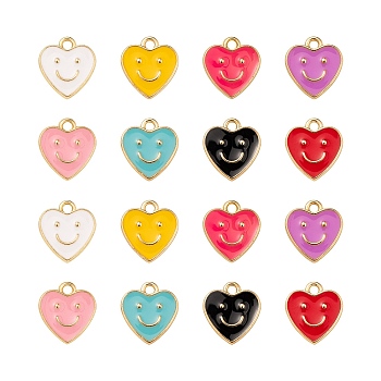 64Pcs 8 Colors Alloy Enamel Pendants, Heart with Smile, Golden, Mixed Color, 13x12x1.5mm, Hole: 1.6mm, 8pcs/color