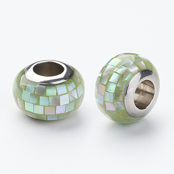 304 Stainless Steel Resin European Beads, with Shell and Enamel, Rondelle, Large Hole Beads, Pale Green, 12x8mm, Hole: 5mm