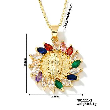 Brass Cubic Zirconia Windmill Design Virgin Mary Pendant Exquisite Necklaces, Golden, Colorful, 15.75 inch(40cm)