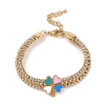 Ion Plating(IP) Golden 304 Stainless Steel Enamel Clover Link Bracelet, with Cubic Zirconia Chains, Colorful, 6-5/8 inch(16.8cm)