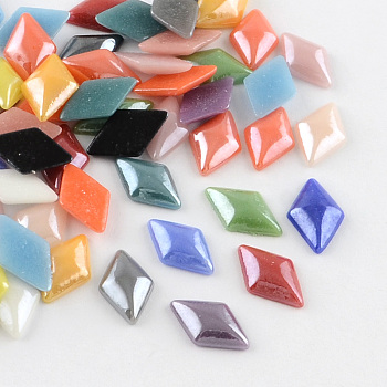Pearlized Plated Opaque Glass Cabochons, Rhombus, Mixed Color, 12x7x2.5mm