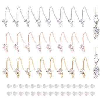 24Pcs 3 Colors Brass Micro Pave Clear Cubic Zirconia Earring Hooks, with Horizontal Loops, with 30Pcs Plastic Ear Nuts, Mixed Color, 15mm, Hole: 2mm, 21 Gauge, Pin: 0.7mm, 8Pcs/color