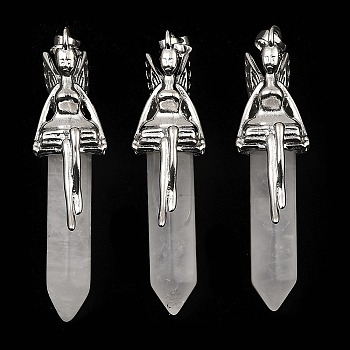 Natural Quartz Crystal Pointed Pendants, Rock Crystal Pendants, Faceted Bullet Charms, with Rack Plating Platinum Plated Brass Fairy, 24x13mm, Hole: 5x8mm