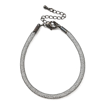 Brass Mesh Chain Bracelets for Women, with Rhinestone & Lobster Claw Clasp, Gunmetal, 6-7/8 inch(17.5~17.6cm)