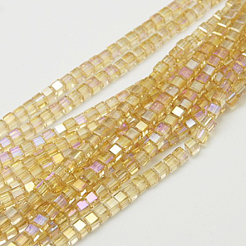 Electroplate Glass Beads Strands, AB Color Plated, Faceted, Cube, Light Khaki, 4~5x4~5x4~5mm, Hole: 1mm, 98~100pcs/strand, 40~43cm