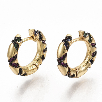 Brass Micro Pave Colorful Cubic Zirconia Hoop Earrings, Round Ring, Real 16K Gold Plated, 16x3mm, Pin: 1mm