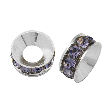 Brass Rhinestone Spacer Beads, Grade A, Rondelle, Silver Color Plated, Violet, 9x4mm
