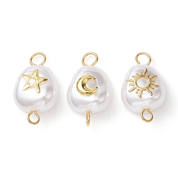 3Pcs 3 Styles Plastic Imitation Pearl Nuggets Connector Charms, with 304 Stainless Steel Moon & Sun & Star Slices, Golden, 28.5x10.5x7.5mm, Hole: 1.9~2.5mm, 1pc/style