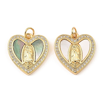 Brass Cubic Zirconia with Shell Pendants, Long-Lasting Plated, Lead Free & Cadmium Free, Heart with Saint, Real 18K Gold Plated, 19x18x3.5mm