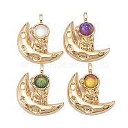 Brass Glass Pendants, Real 18K Gold Plated, Long-Lasting Plated, Lead Free & Nickel Free & Cadmium Free, Moon with Astronaut, Mixed Color, 22x20x6mm, Hole: 2x4mm(KK-C223-02G)