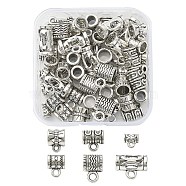 60Pcs 6 Style Tibetan Style Alloy Tube Bails, Loop Bails, Bail Beads, Column, Antique Silver, 7.5~11x7~10x5~6mm, Hole: 1~3mm, Inner Diameter: 2~5mm, 10pcs/style(FIND-YW0003-17)