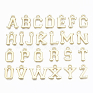 Alloy Charms, Cadmium Free & Nickel Free & Lead Free, Alphabet, Real 16K Gold Plated, Random Mixed Letters, 14x4~17.5x1mm, Hole: 1.6mm(PALLOY-Q441-025-NR)