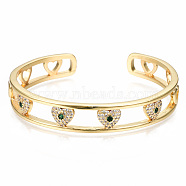 Brass Micro Pave Cubic Zirconia Cuff Bangles, Nickel Free, Heart, Green, Real 16K Gold Plated, Inner Diameter: 2-1/4 inch(5.7cm)(BJEW-N302-003-NF)