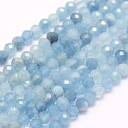 Natural Aquamarine Beads Strands, Faceted, Round, 3mm, Hole: 0.5mm, about 132pcs/strand, 15.7 inch(40cm)(G-F509-02-3mm)