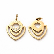 Ion Plating(IP) 304 Stainless Steel Pendants, with Rhinestone, Real 14K Gold Plated, 14x12x1mm, Hole: 2mm(STAS-E185-39G)