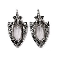 Natural Quartz Crystal Faceted Big Pendants, Dragon Claw with Arrow Charms, with Antique Silver Plated Alloy Findings, 55x27.5x10.5mm, Hole: 6mm(G-L524-03AS-06)