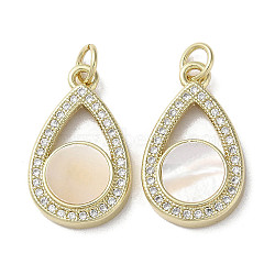 Brass Micro Pave Cubic Zirconia Pendants, with Shell, Teardrop, Real 18K Gold Plated, 20.5x12x3mm, Hole: 3mm(KK-G485-11G)