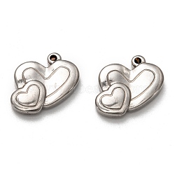 304 Stainless Steel Pendants, Heart with Heart, Stainless Steel Color, 18.5x13.5x3.5mm, Hole: 1.5mm(STAS-P257-03P)