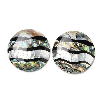 Natural Freshwater Shell & Black Lip Shell & Paua Shell Pendants, Flat Round Charms with Wave Pattern, 47.5x7~8.5mm, Hole: 1.6mm