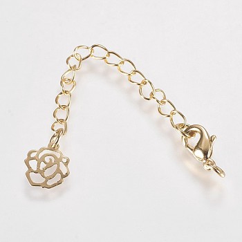 Long-Lasting Plated Brass Chain Extender, with Lobster Claw Clasps and Flower Tips, Real 18K Gold Plated, 73x3mm, Hole: 2.5mm