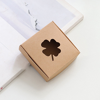 Square Cardboard Packaging Box with Clover Window, for Candle Packaging Gift Box, BurlyWood, 9.5x9.5x3cm