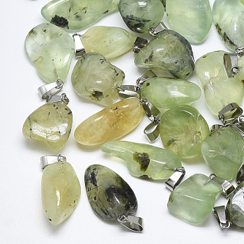 Natural Prehnite Pendants, with Stainless Steel Snap On Bails, Nuggets, Stainless Steel Color, 15~40x10~20x5~15mm, Hole: 3~4x7~8.5mm