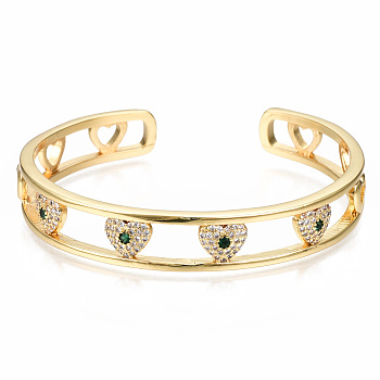 Brass Micro Pave Cubic Zirconia Cuff Bangles, Nickel Free, Heart, Green, Real 16K Gold Plated, Inner Diameter: 2-1/4 inch(5.7cm)