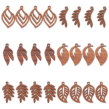 24Pcs 6 Styles Natural Walnut Wood Pendants, Undyed, Leaf Charm, Camel, 30~30.5x12.5~18x2.5mm, Hole: 1.6~1.8mm, 4pcs/style