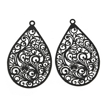 Spray Printed 430 Stainless Steel Pendants, Etched Metal Embellishments, Black, Teardrop, 45x28x0.3mm, Hole: 2mm