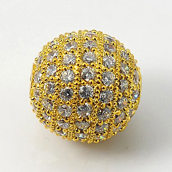 Cubic Zirconia Beads, with Brass Findings, Round, Golden, 14mm, Hole: 1mm
