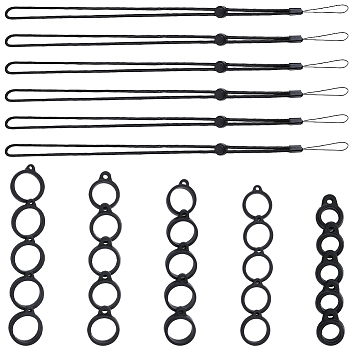 40Pcs 5 Style Silicone Rings with 6Pcs Adjustable Polyester Neck Lanyard Anti-Loss Pendant Holder, for Pen, Phone, Badge Holder, Black, 76.8cm