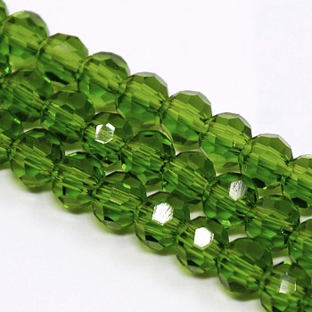 Faceted(32 Facets) Round Glass Beads Strands, Green, 4mm, Hole: 1mm, about 98pcs/strand, 13.7 inch