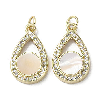 Brass Micro Pave Cubic Zirconia Pendants, with Shell, Teardrop, Real 18K Gold Plated, 20.5x12x3mm, Hole: 3mm