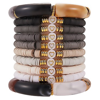 10Pcs 10 Style Handmade Polymer Clay Heishi Beaded Stretch Bracelets Set with Heart, Acrylic Chunky Curved Tube Bracelets for Women, Black, Inner Diameter: 2-1/8 inch(5.5cm)
