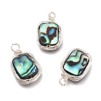 Natural Abalone Shell/Paua Shell Pendants, with Eco-Friendly Copper Wire Wrapped, Rectangle, Silver, 19x11x3.7mm, Hole: 2.2mm