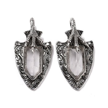 Natural Quartz Crystal Faceted Big Pendants, Dragon Claw with Arrow Charms, with Antique Silver Plated Alloy Findings, 55x27.5x10.5mm, Hole: 6mm