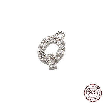 Real Platinum Plated Rhodium Plated 925 Sterling Silver Micro Pave Clear Cubic Zirconia Charms, Initial Letter, Letter Q, 9.5x6x1.5mm, Hole: 0.9mm