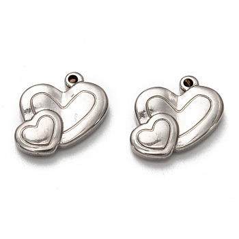 304 Stainless Steel Pendants, Heart with Heart, Stainless Steel Color, 18.5x13.5x3.5mm, Hole: 1.5mm