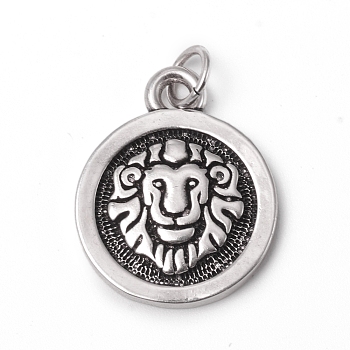 Brass Pendants, with Jump Rings, Long-Lasting Plated, Flat Round with 12 Constellation/Zodiac Sign, Antique Silver, Leo, 18.5x15x2mm, Jump Ring: 5x0.7mm, Inner Diameter: 3.6mm